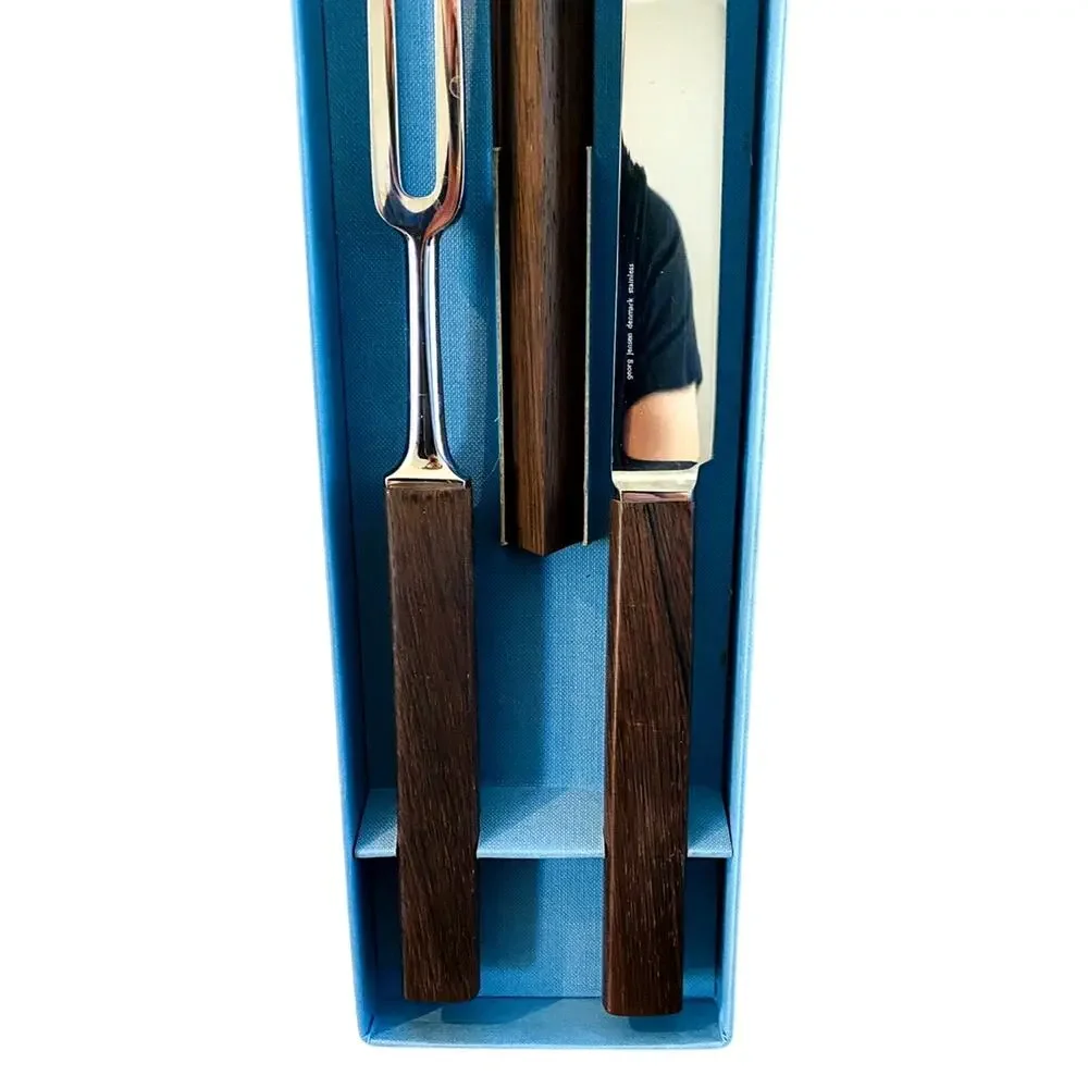 New Vintage Georg Jensen 3 Pc Carving Set Knife Fork Steel Box Denmark NOS